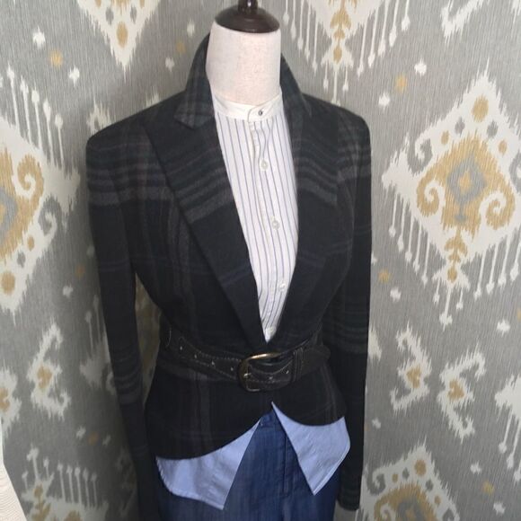 Ralph Lauren Blue & Off White Pouf Sleeve Bib Front Cotton Tuxedo Blouse - Picture 11 of 13